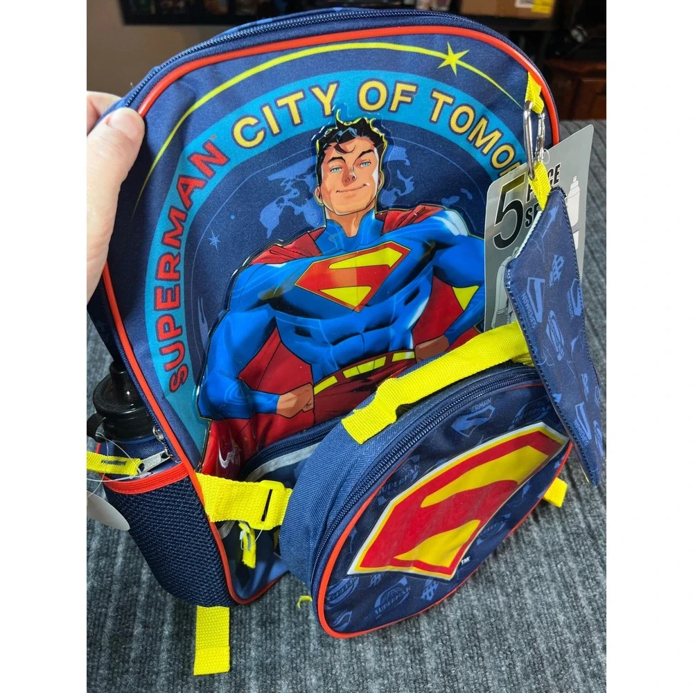 SUPERMAN Backpack Set Kids Blue 5-Piece Lunch Bag Water Bottle Pencil Case NWT